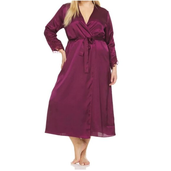 Flora by Flora Nikrooz Women's Plus Size Satin Stella Robe, Bordeaux Red, 1X - Picture 1 of 4